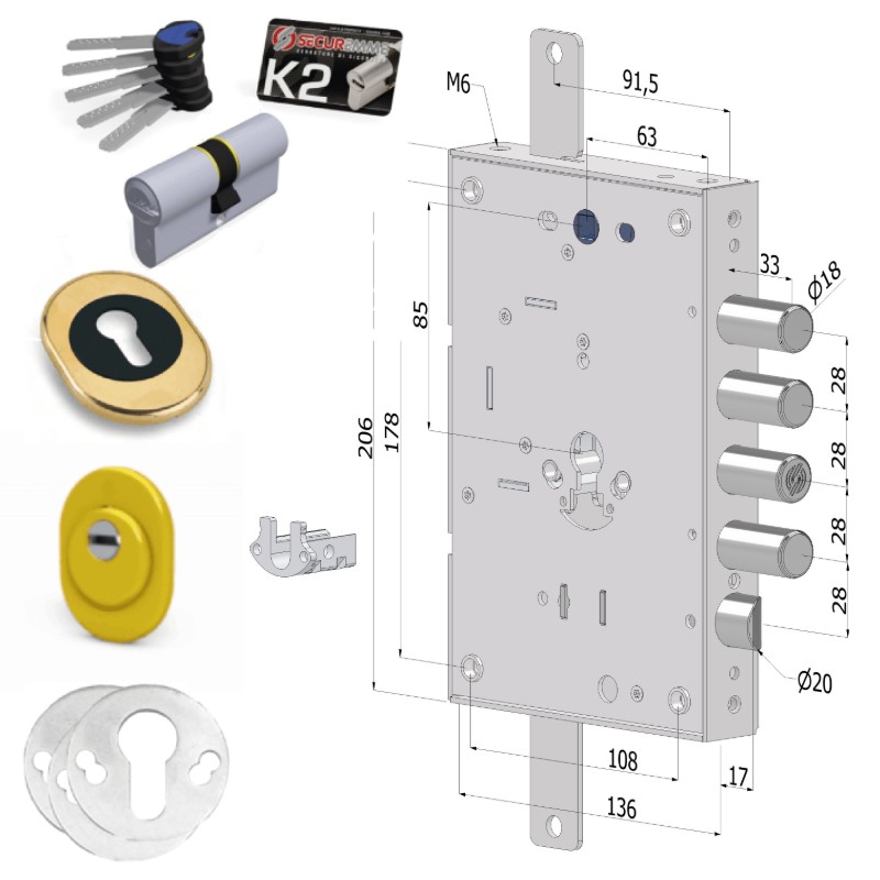 Kit trasformazione Serratura 4+1 Securemme 265 da Doppia Mappa a Cilindro Europeo Porta Blindata