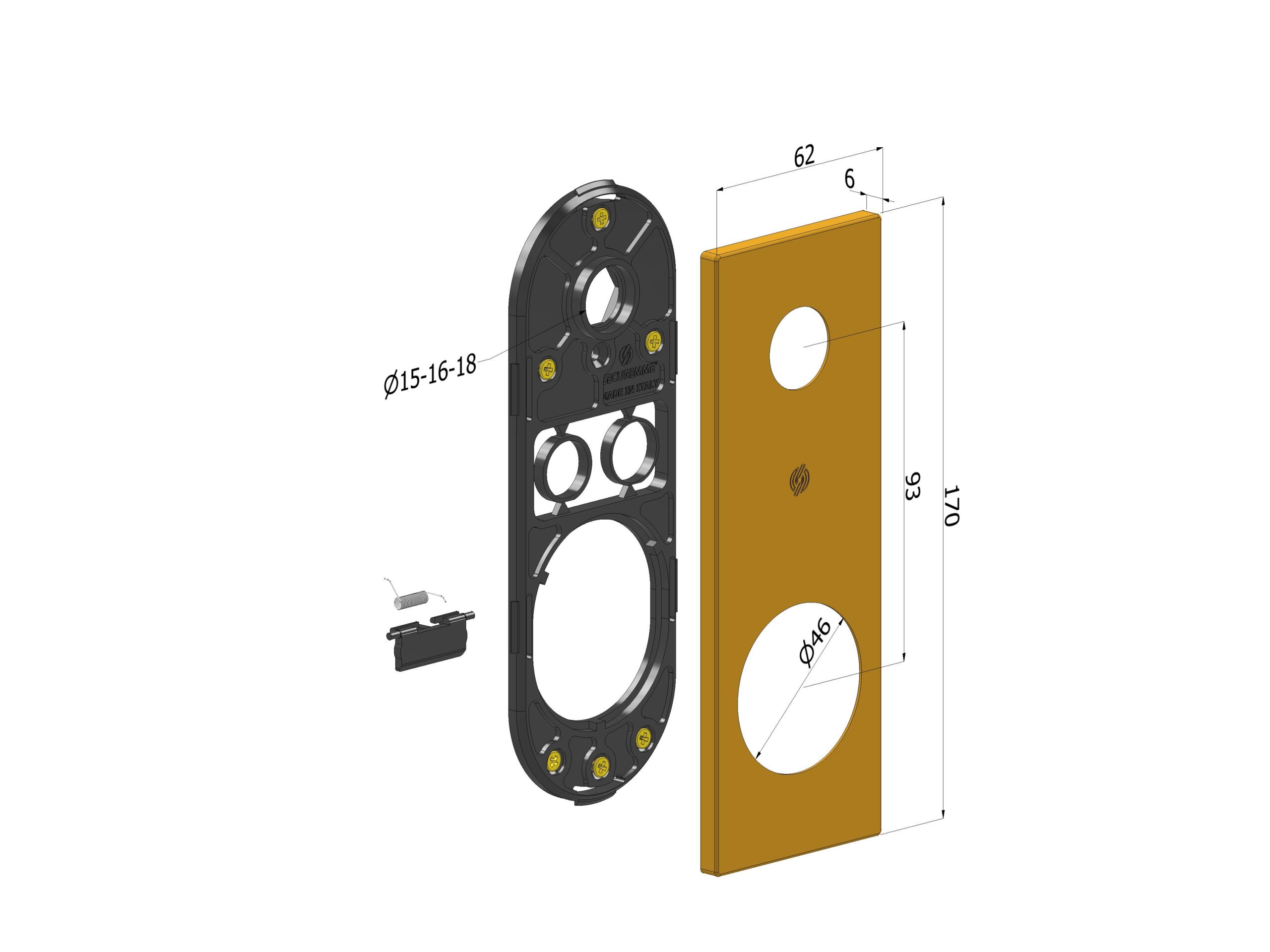 Kit Placca Quadra Securemme 4556 62x170x6 mm Interasse 92 Foro Ø46 per Cilindro Europeo