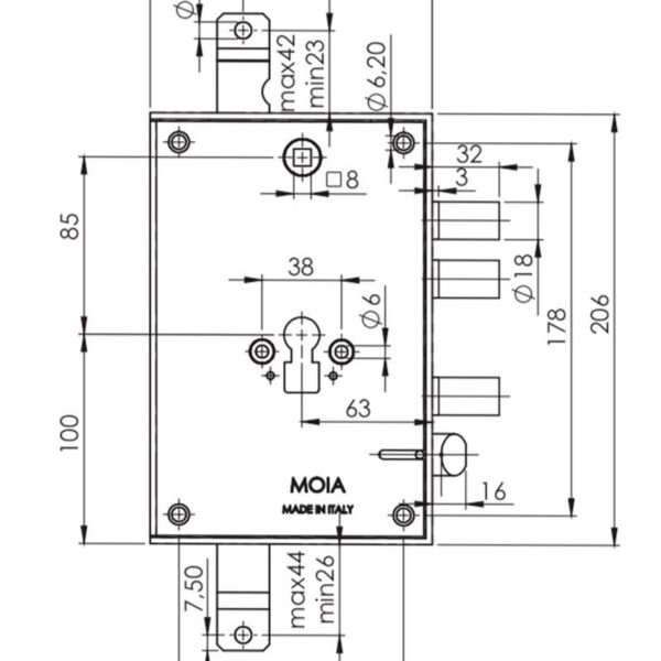 Serratura Moia RMIS664/280RFB con Trappola Antieffrazione 3+1 Ingresso chiave 63mm  interasse chiavistelli 28mm