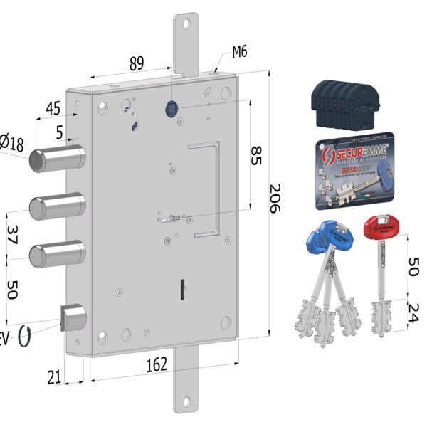 Serratura Triplice Securemme 240 Securmap24 4 Mandate Compatibile Gardesa DX / SX ingresso chiave 89