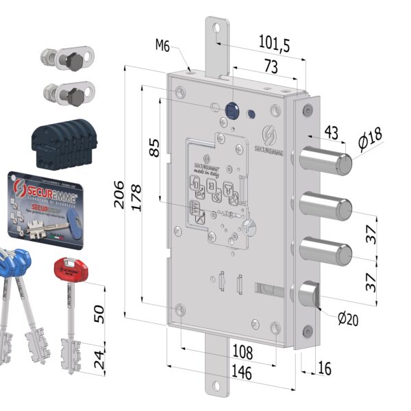 Serratura Triplice Securemme 2501 DX Securmap24 Compatibile Dierre Atra 7141 con Cuore Intercambiabile