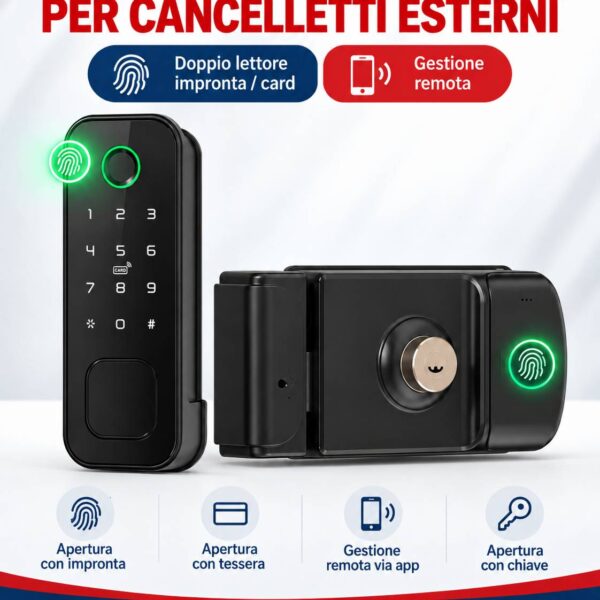 Serratura Smart per Cancelletti e Porte in Legno con Impronta, Codice, Card e App – IP66